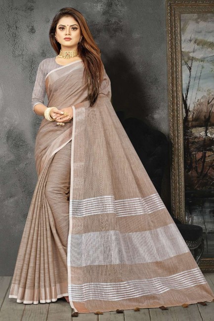 Brown Lace border Saree in Linen