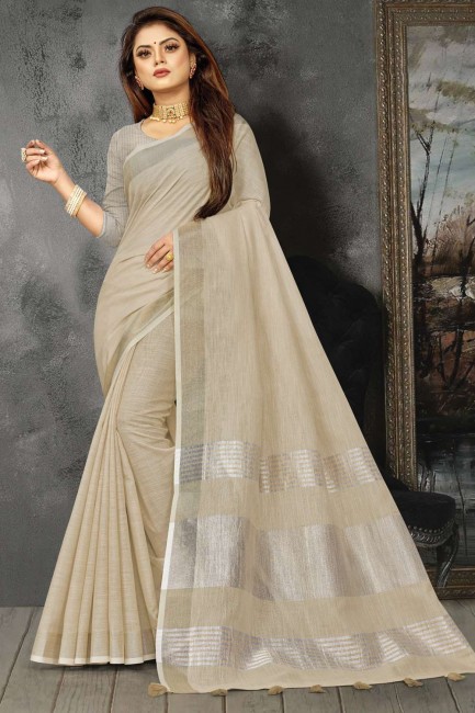 Beige Saree with Lace border Linen