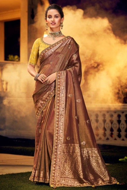 Embroidered Silk and viscose South Indian Saree in Brown with Blouse