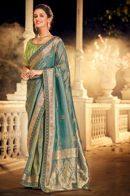 Silk and viscose Embroidered Teal  South Indian Saree with Blouse
