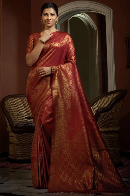Weaving Red  Art silk Saree