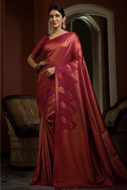 Pink Saree with Weaving Art silk