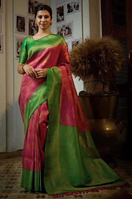 Saree Pink  with Weaving Art silk