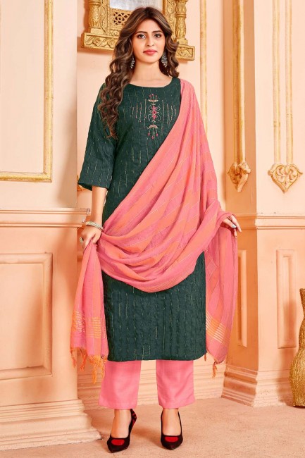Green Salwar Kameez with Weaving Handloom silk