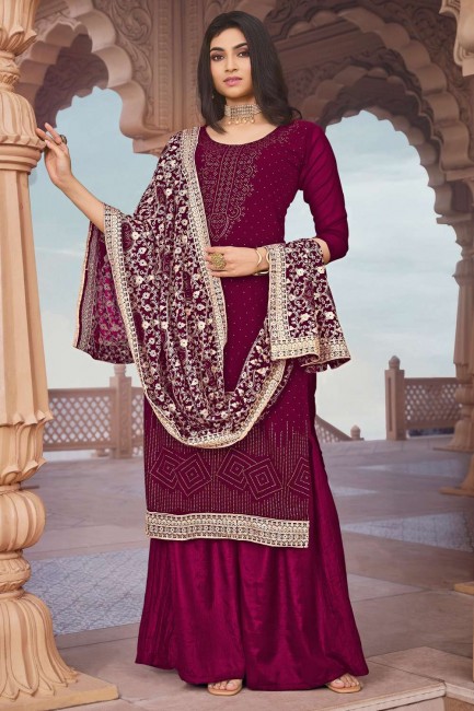 Georgette Embroidered Maroon Eid Palazzo Suit with Dupatta