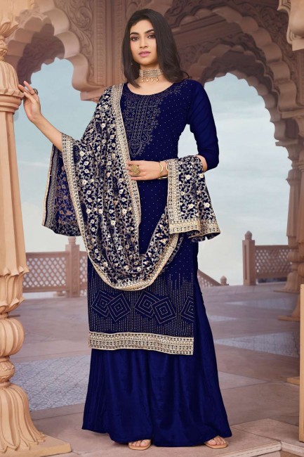 Blue Eid Palazzo Suit in Georgette with Embroidered