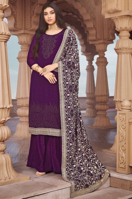 Wine Embroidered Georgette Eid Palazzo Suit