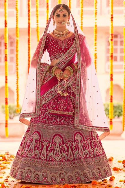 Velvet Wedding Lehenga Choli in Pink with Embroidered