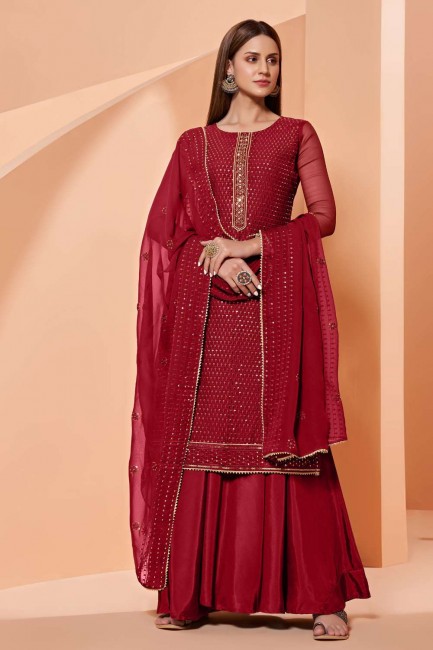 Red Embroidered Eid Sharara Suit in Georgette
