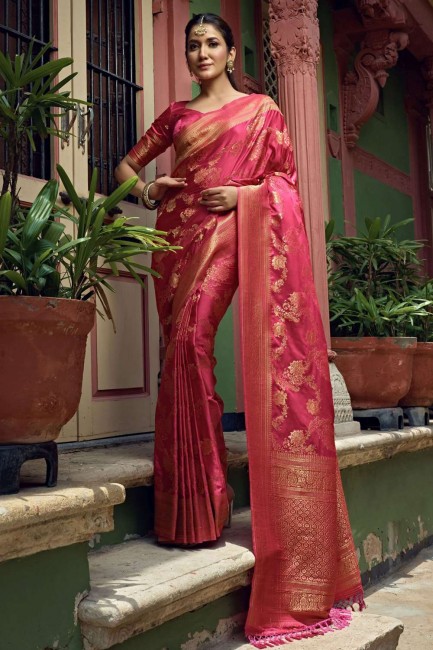 Pink Saree in Art silk with Weaving