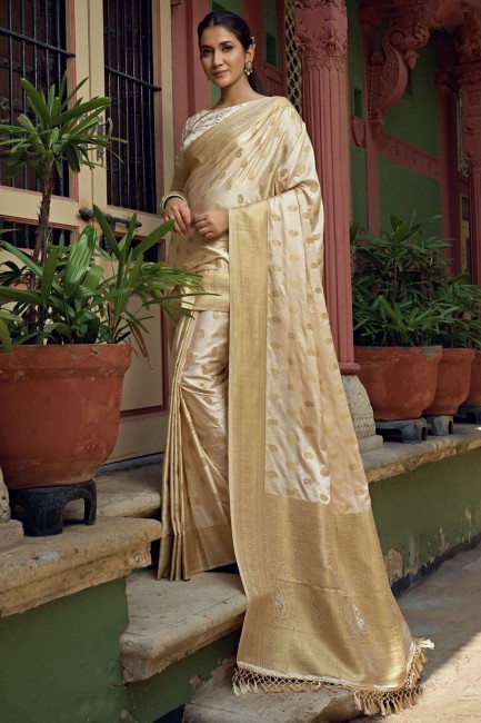 Weaving Art silk Saree in Off white with Blouse