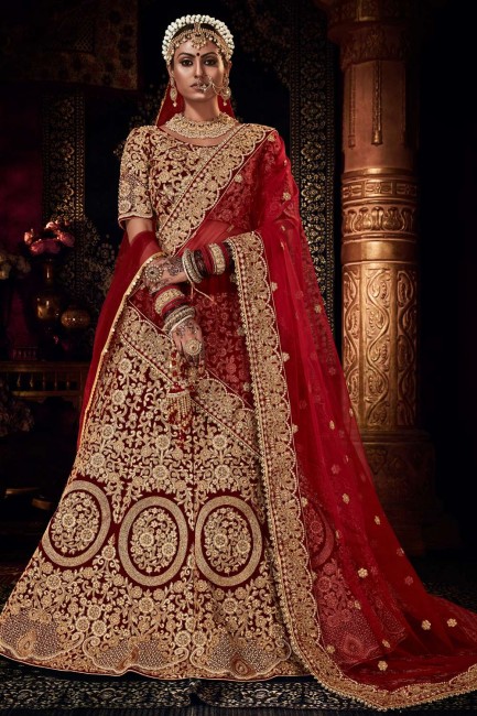 Wedding Maroon  Lehenga Choli in Velvet with Embroidered