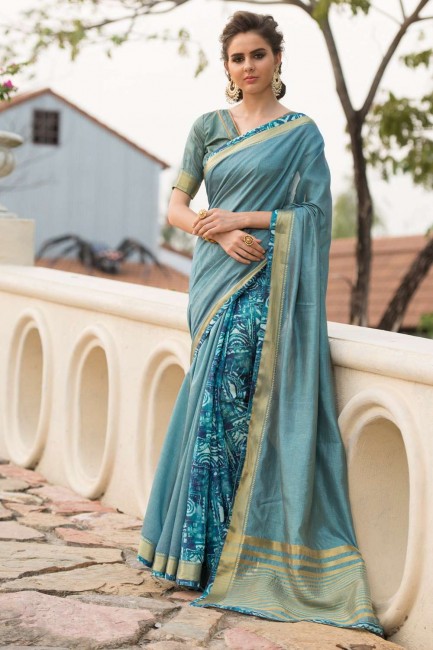 Lace,digital print Saree in Blue Art silk