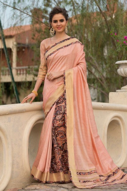 Art silk Saree in Peach with Lace,digital print