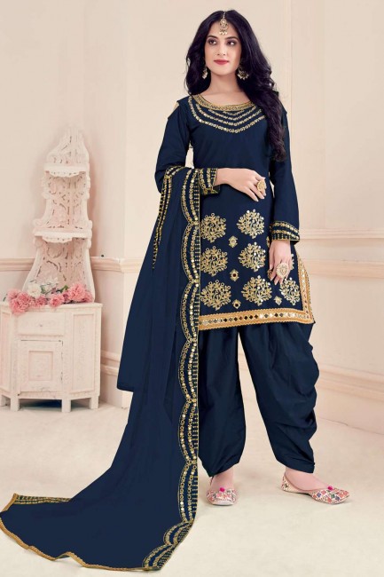 Embroidered Silk Patiala Suit in Blue with Dupatta