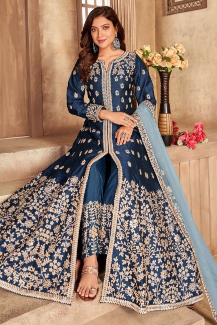 Eid Anarkali Suit in Blue Art silk with Embroidered