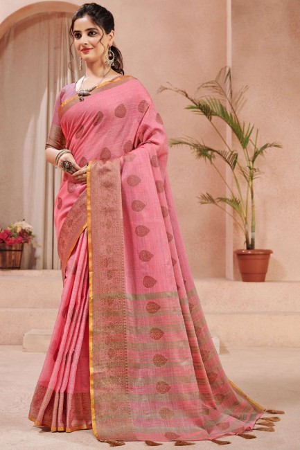 Linen Resham Pink Saree with Blouse