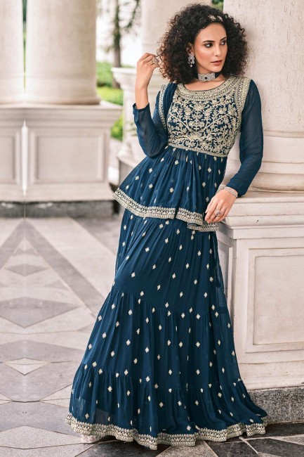 Embroidered Georgette and viscose Teal blue Eid Palazzo Suit with Dupatta