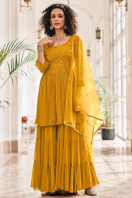 Golden Georgette and viscose Embroidered Eid Palazzo Suit with Dupatta