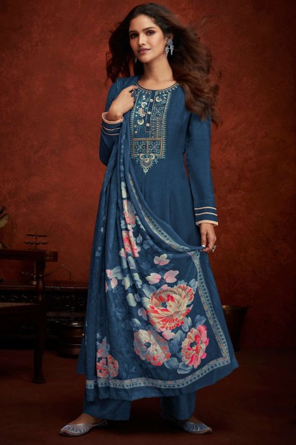 Blue Viscose Embroidered Eid Palazzo Suit with Dupatta