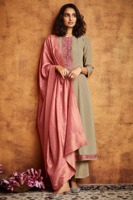 Silk Eid Palazzo Suit in Beige with Embroidered
