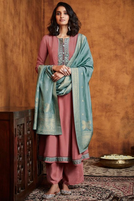 Pink Eid Palazzo Suit with Embroidered Silk