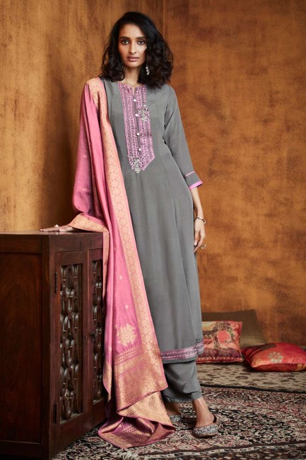 Grey Eid Palazzo Suit in Silk with Embroidered