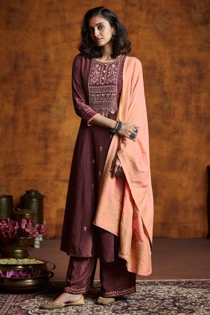 Wine Embroidered Palazzo Suit in Silk