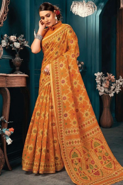 Cotton Saree with Printed,weaving in Yellow