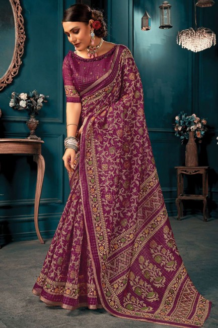 Cotton Purple Saree in Printed,weaving