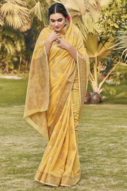 Weaving Cotton Yellow Saree with Blouse