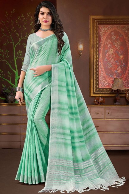Green Lace border Linen Saree