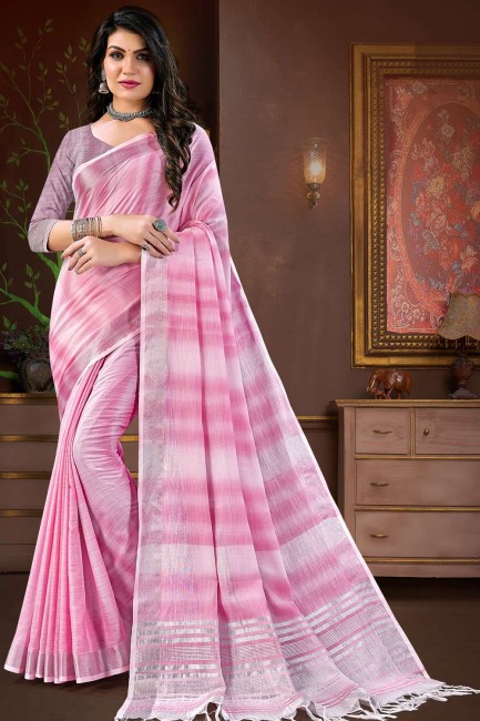 Pink Lace border Linen Saree