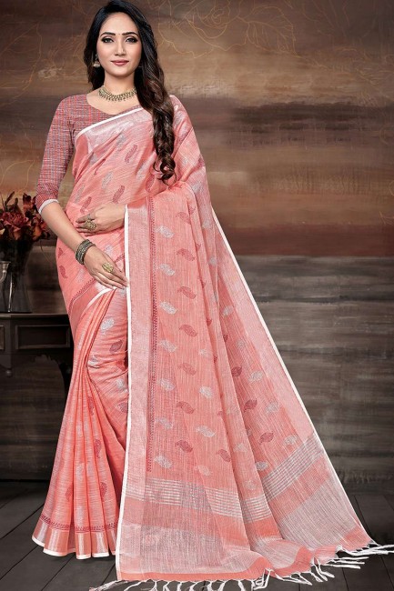 Printed,lace border Linen Saree in Pink