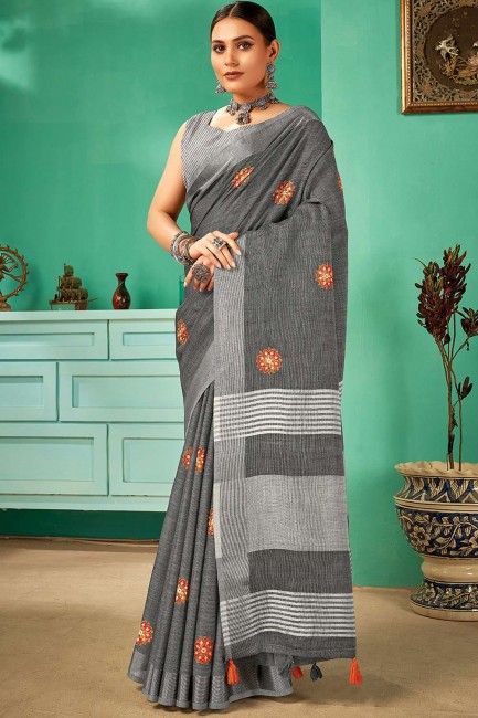 Embroidered Linen Grey Saree with Blouse