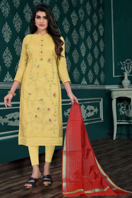 Chanderi silk Salwar Kameez in Yellow with Embroidered