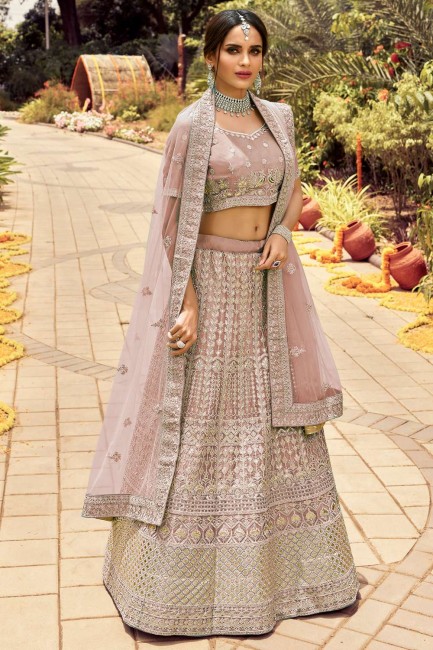 Organza Party Lehenga Choli in Fawn  with Embroidered