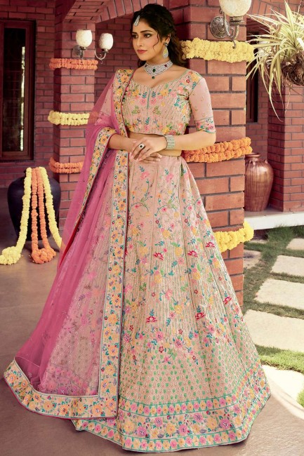 Raw silk Party Lehenga Choli with Embroidered in Baby pink