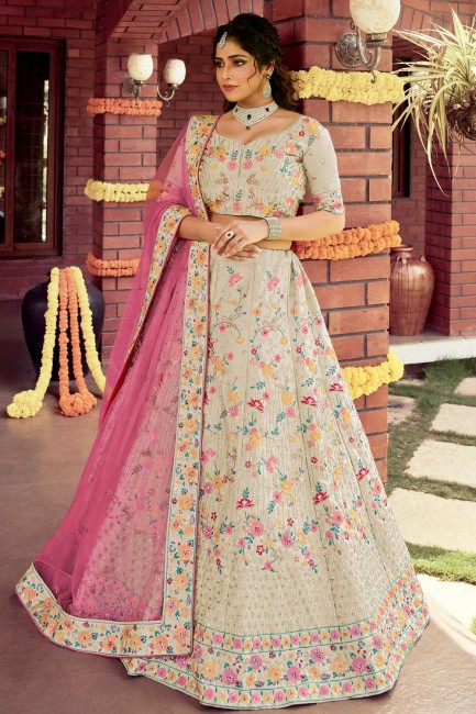 Off white Party Lehenga Choli in Embroidered Raw silk