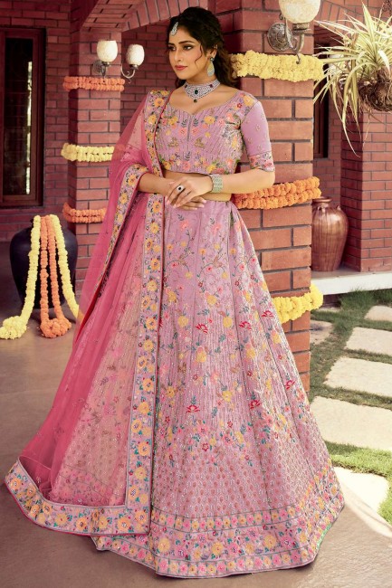 Raw silk Party Lehenga Choli with Embroidered in Purple