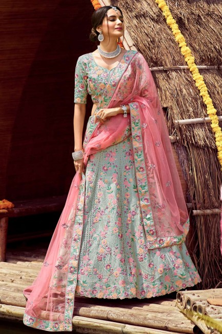 Wedding Lehenga Choli in Pista Crepe,satin and silk with Embroidered