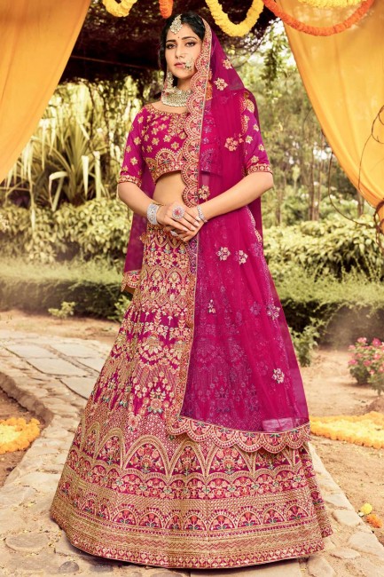 Embroidered Wedding Lehenga Choli in Pink Raw silk