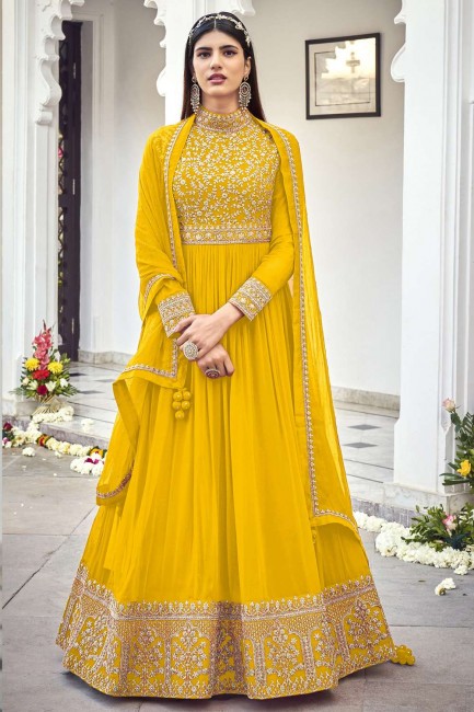 Faux georgette Eid Anarkali Suit with Embroidered in Yellow