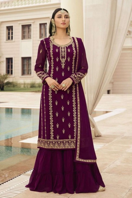 Faux georgette Eid Sharara Suit in Wine with Embroidered