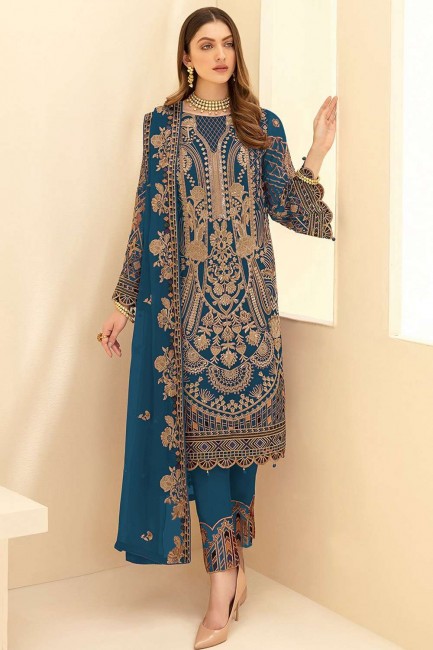 Teal  Pakistani Suit in Faux georgette with Embroidered