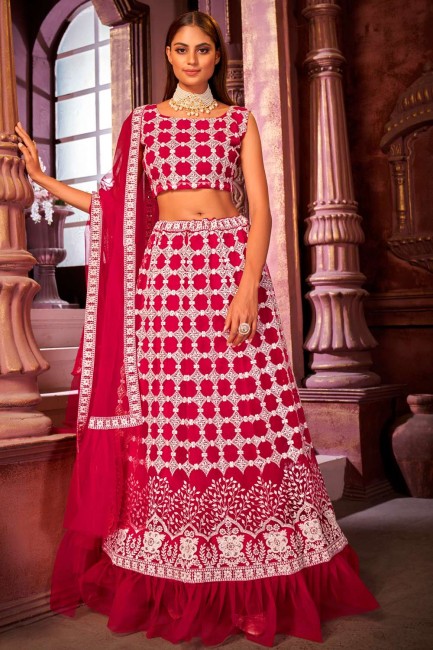Red Party Lehenga Choli in Embroidered Net
