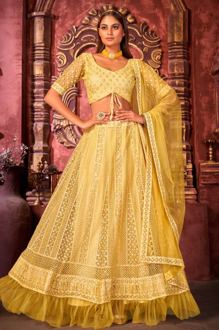 Net Yellow Party Lehenga Choli in Embroidered