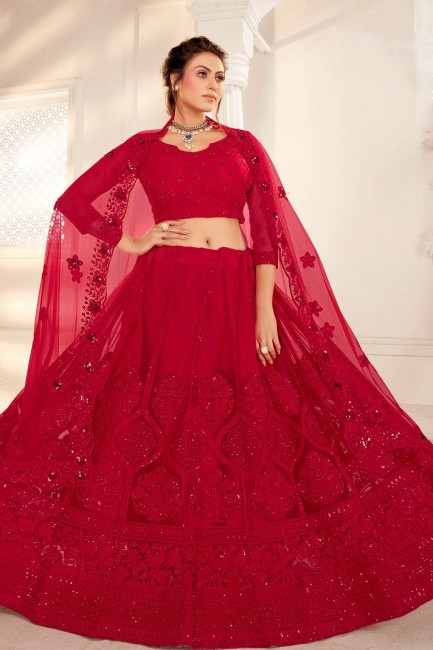 Net Wedding Lehenga Choli with Embroidered in Red