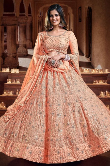 Georgette Party Lehenga Choli in Peach with Embroidered