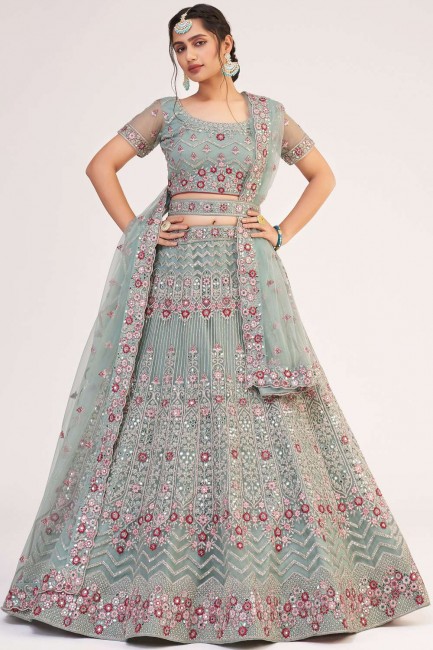 Embroidered Net Party Lehenga Choli in Pista